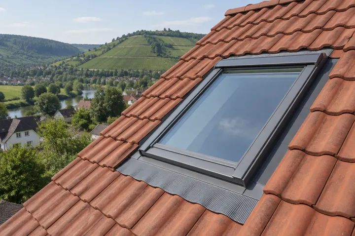 Symbolbild: neu eingebautes Dachfenster mit Eindeckrahmen in einem Tonziegeldach, Weinberge im Hintergrund