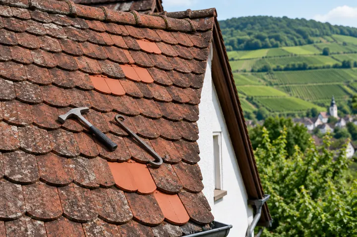 Symbolbild: einzelne neue Biberschwanzziegel zwischen alten, verwitterten Ziegeln eines Einfamilienhauses, daneben Hammer und Dachhaken