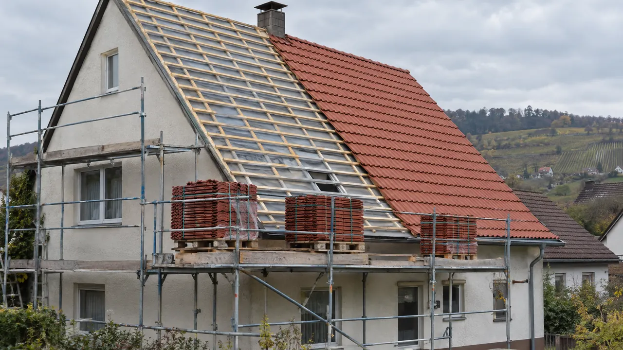 Symbolbild: Einfamilienhaus im Remstal während der Dachsanierung, halb neu mit roten Tonziegeln eingedeckt, Gerüst an der Traufe